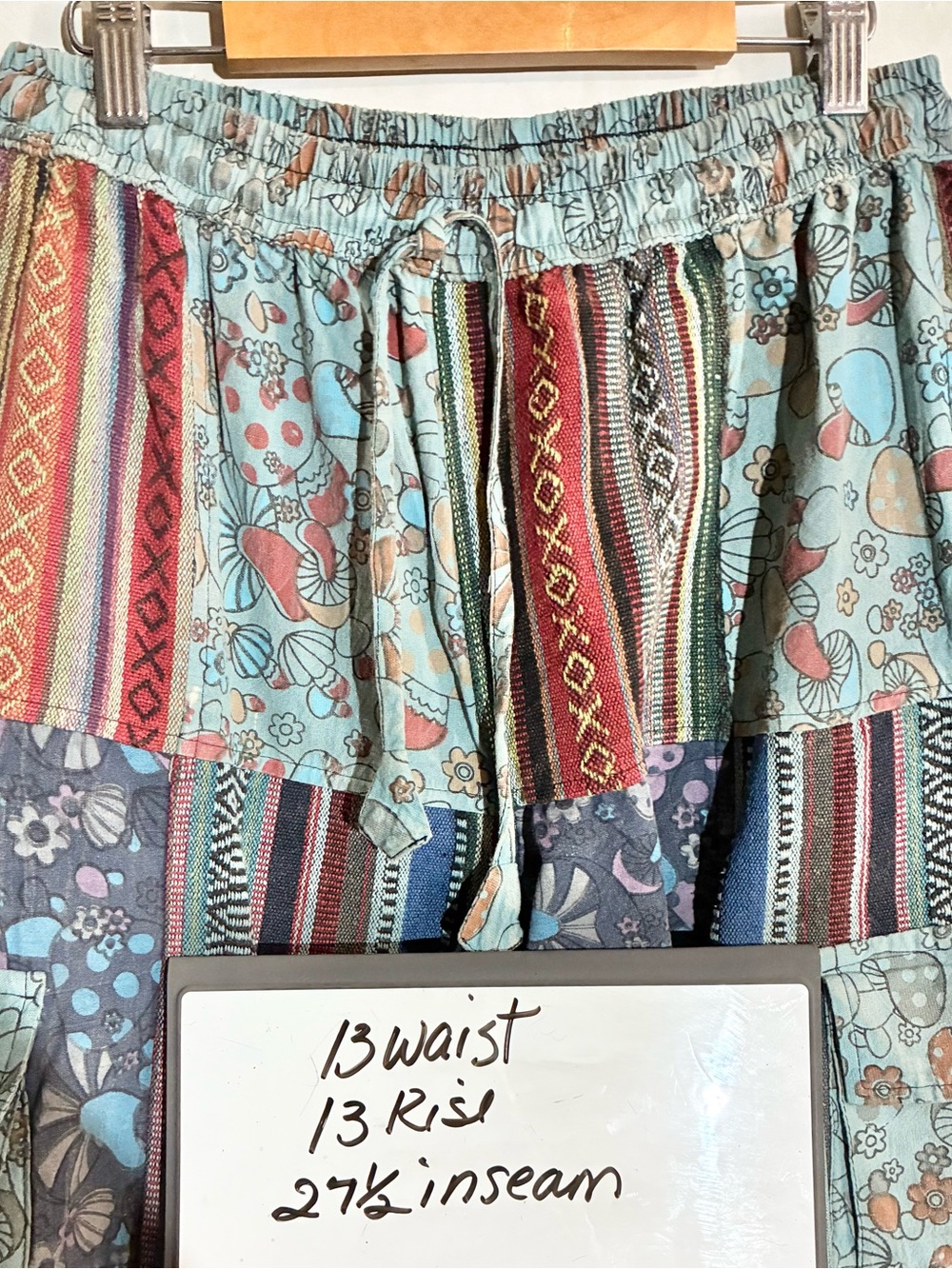 Kathmandu Patchwork Pants S/M Drawstring Mushrooms Pockets Festival Boho Hippie - Picture 2 of 12
